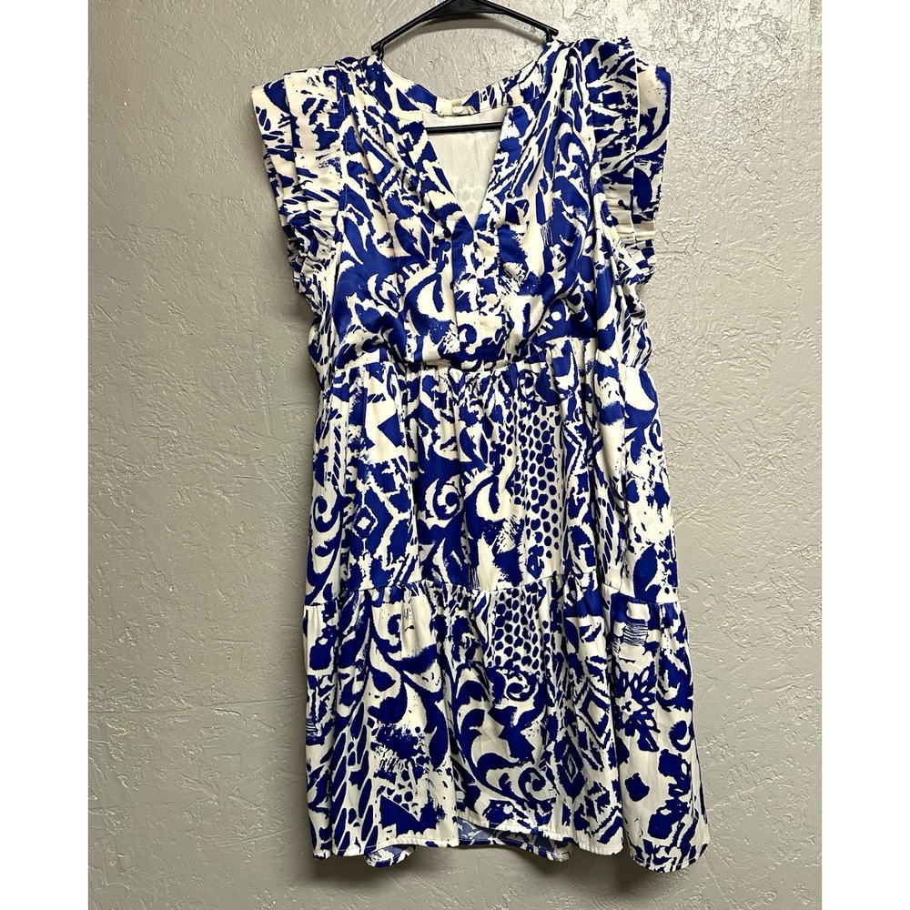 JODIFL Women's Blue White Abstract V-Neck Ruffle Cap Sleeve A-Line Dress M